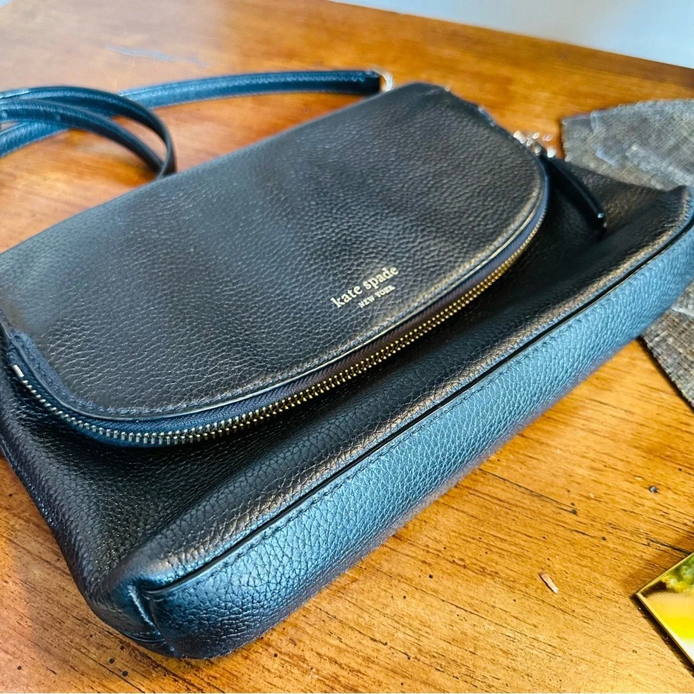 KATE SPADE BLACK LEATHER COBBLE HILL PENNY HOBO ENVELOPE ZIP CROSSBODY CHIC BAG - Picture 7 of 15